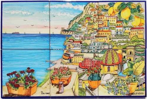 Backsplash Tile Mural - Village Of The Amalfi Coast Mosaic Panel Sea Positano Flowers & Lemon Decor Hand Painting Tiles