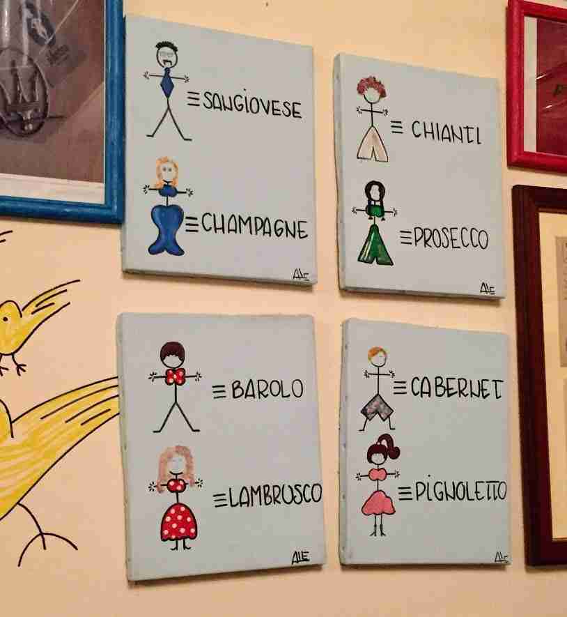 Animated wines on the walls of Il Fantino in Modena