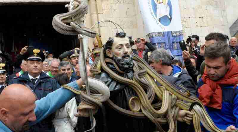 Festa dei Serpari in Cocullo, Abruzzo. San Domenico di Sora is draped with dozens of live snakes.