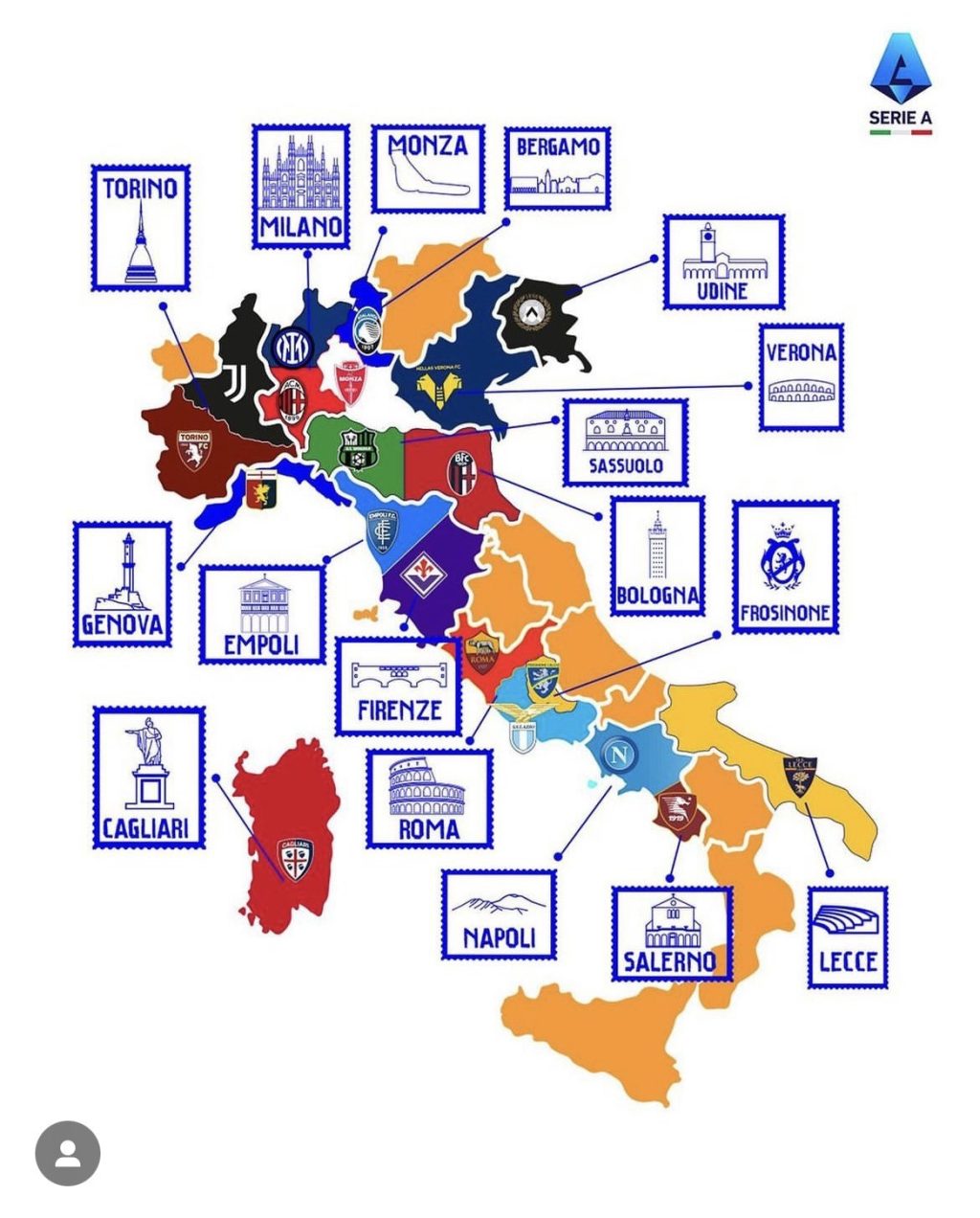 map of Italy with locations of Serie A teams for 2024 season
